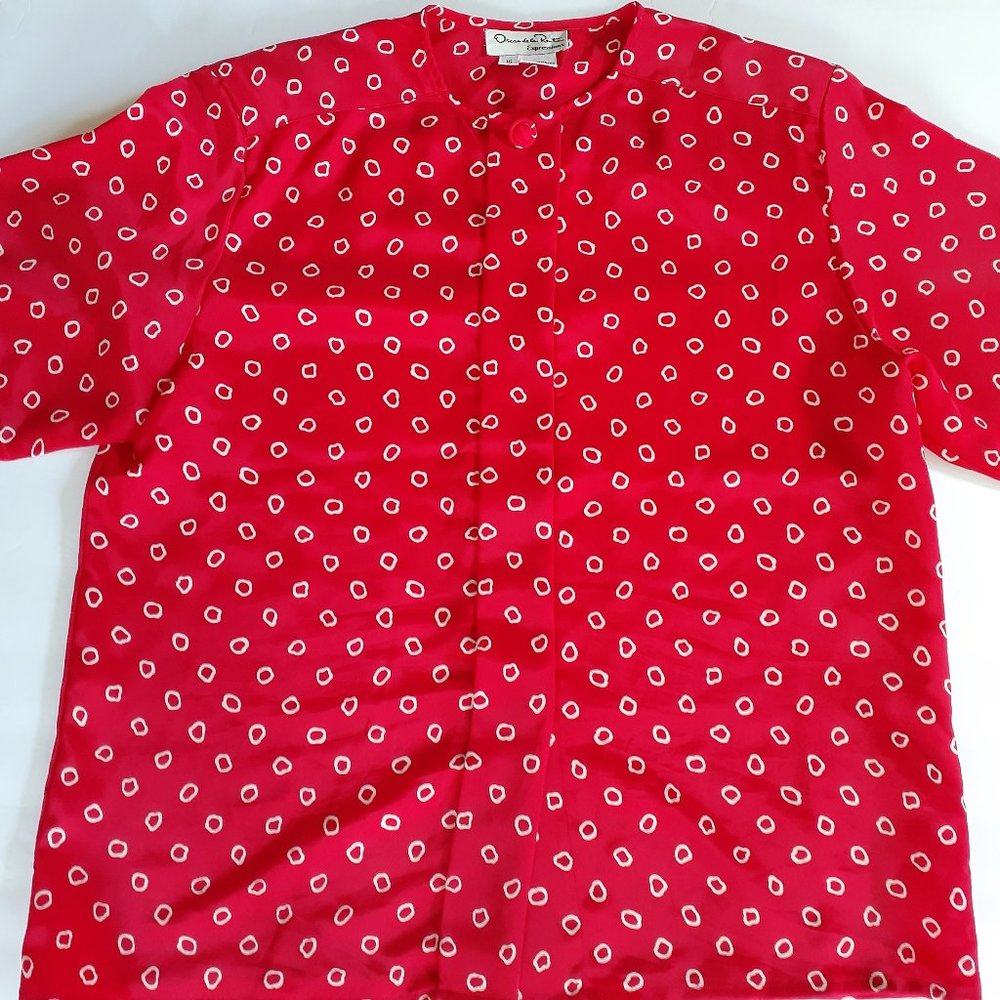 Vintage 80s Blouse Red Oscar de la Renta Geometric Long Sleeve Shoulder Pads 16